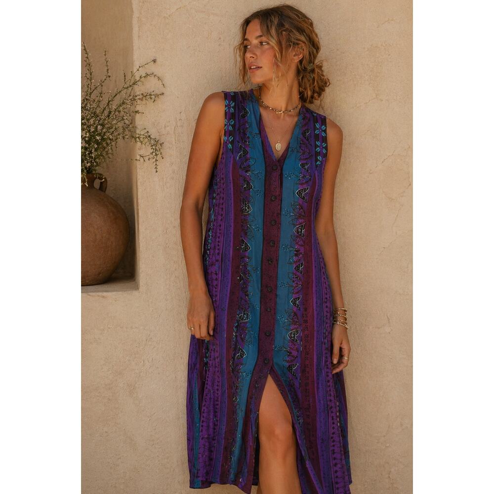 Vintage 90's maxi short sleeve dress with buttons blue purple teal size small